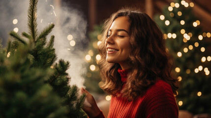 Happy beautiful young woman in holiday red dress decorating Christmas Tree with sparking balls and...