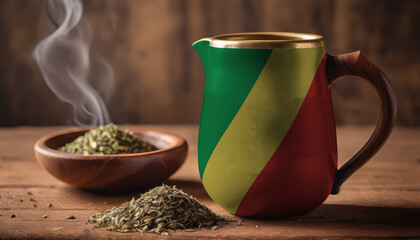 A teapot with the Republic of the Congo flag printed on it is on the table, next to it is a mug of tea and green tea is scattered. Concept of tea business, friendship, partnership - obrazy, fototapety, plakaty