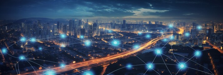 Connected Smart City Infrastructure - A panoramic view of a smart city with interconnected digital networks