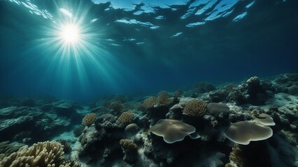 underwater scene with coral reef A dark blue ocean surface seen from underwater. The water is clear and calm, and the sun is high  