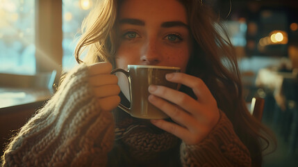 Uma jovem mulher desfrutando de um momento tranquilo com um café quente em um café aconchegante com vista para a cidade - obrazy, fototapety, plakaty