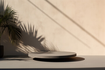 Pedestal. Green palm tree casting shadow on empty wall behind concrete product podium