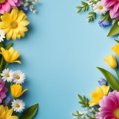 Spring flowers postcard with flame for text happy easter March 8 women day blue background