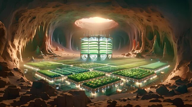 Futuristic underground farming concept with hydroponic systems in a spacious cave