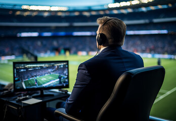 a sports commentator sits at the monitor against the backdrop of the football field of the stadium - obrazy, fototapety, plakaty
