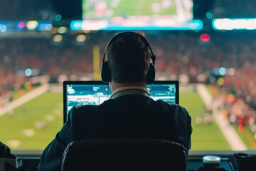 a sports commentator sits at the monitor against the backdrop of the football field of the stadium - obrazy, fototapety, plakaty
