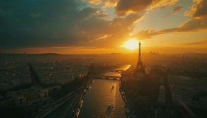 Naklejka premium panoramic aerial view of a city similar to Paris and the Eiffel Tower, evening sunset sky, AI generation