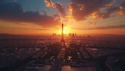 panoramic aerial view of a city similar to Paris and the Eiffel Tower, evening sunset sky, AI generation - obrazy, fototapety, plakaty