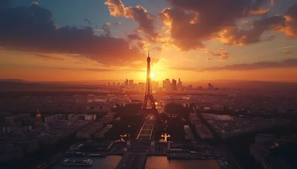 Fotobehang panoramic aerial view of a city similar to Paris and the Eiffel Tower, evening sunset sky, AI generation © viktorbond