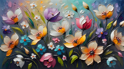 beautiful delicate spring flowers painted with oil paints on canvas - obrazy, fototapety, plakaty