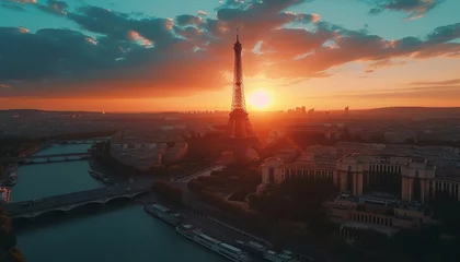 Poster de jardin Paris panoramic aerial view of a city similar to Paris and the Eiffel Tower, evening sunset sky, AI generation