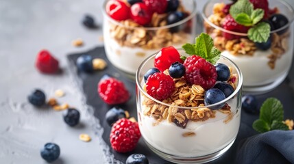 Healthy breakfast. Yogurt with granola and fresh berries. Diet, low calorie, weight loss food. Active, fit, healthy lifestyle.