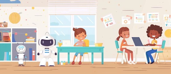 Kids in the classroom using AI with a robot teaching her