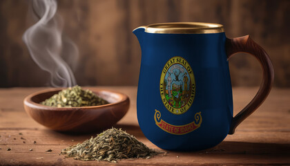 A teapot with the Idaho flag printed on it is on the table, next to it is a mug of tea and green tea is scattered. Concept of tea business, friendship, partnership