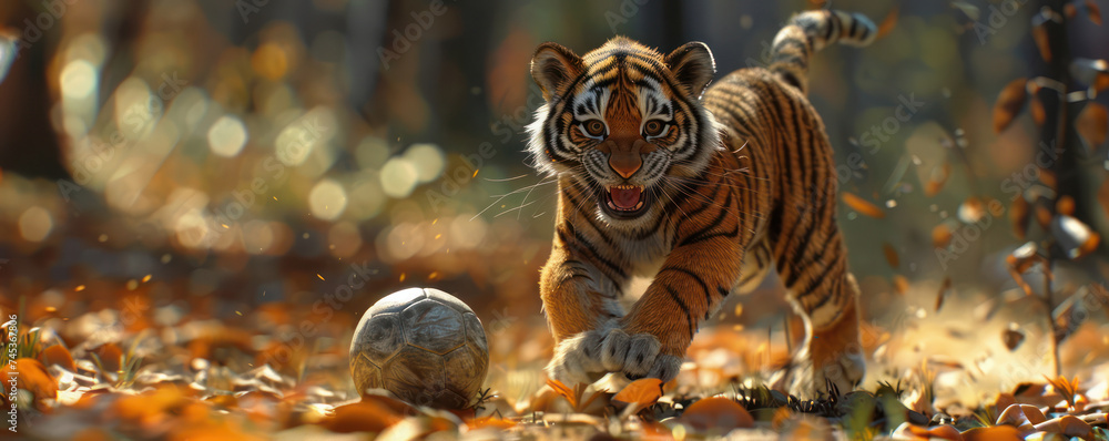 Poster a 3d cartoon image of a tiger playing soccer showcasing advanced digital rendering techniques
