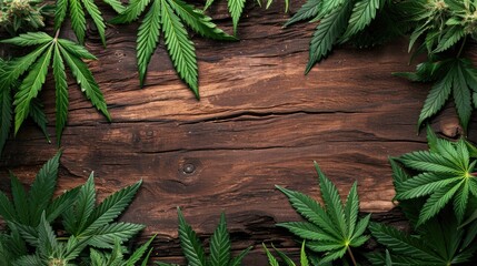 Background of a wooden log with marijuana leaves on the sides as a frame. Top view. AI generative. - obrazy, fototapety, plakaty