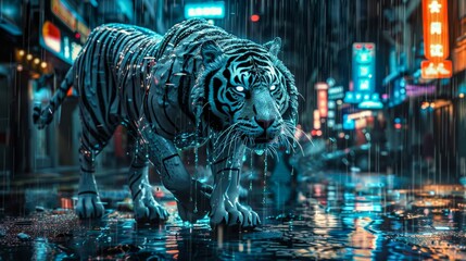 Majestic cybernetic tiger roams a futuristic city under a rain-soaked neon glow, reflecting humanity's interface with technology - obrazy, fototapety, plakaty