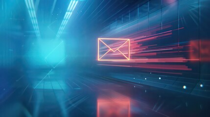 Futuristic electronic mail documentation concept with glowing blue neon envelope and paper document. 3D Illustration - obrazy, fototapety, plakaty