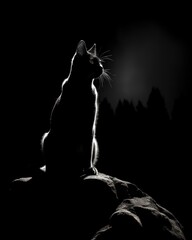 a black and white photo of a cat sitting on a rock looking up at the sky with a full moon in the background.