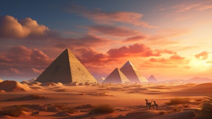 Majestic Pyramids at Sunset - The iconic Egyptian pyramids bask in the golden light of sunset - obrazy, fototapety, plakaty