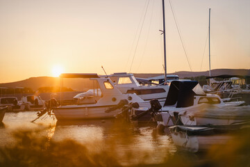 Sunset at port of Biograd na Moru port with boats and yachts, Croatia
