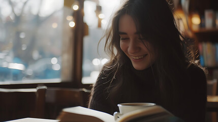 Jovem mulher sorridente aproveitando aconchego em café com livro latte e luz natural suave ao fundo - obrazy, fototapety, plakaty