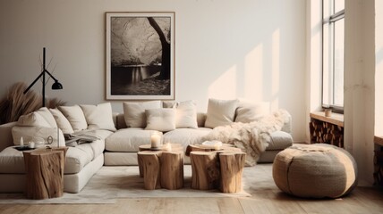 Fototapeta na wymiar Cozy Bohemian Loft Space - Warm, textured fabrics and rustic wood furnishings create a welcoming bohemian atmosphere.