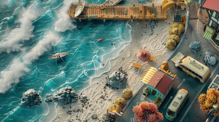 Top view of Miniature Seaside Townscape - A playful bird's-eye view of a seaside town, resembling a miniature model, suitable for creative projects and urban design.