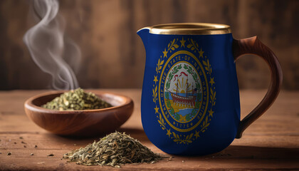 A teapot with the New Hampshire flag printed on it is on the table, next to it is a mug of tea and green tea is scattered. Concept of tea business, friendship, partnership
