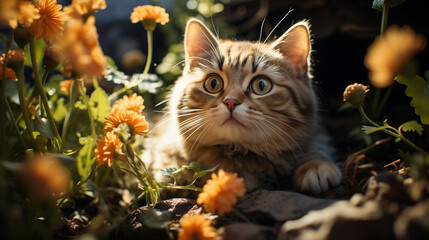 Un chat curieux explore un jardin secret, découvrant des trésors enfouis, des histoires oubliées sous les étoiles. 