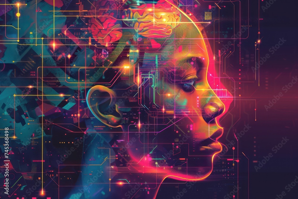 Poster a digital interpretation of the inner workings of the mind using bright neon colors and geometric pa