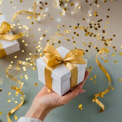 Shimmering Surprise: Woman Holding White Gift Box with Glittering Gold Ribbon
