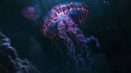 Giant jellyfish swimming in dark water