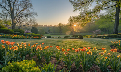 Sunrise Over Tulip Field in Lush Spring Park