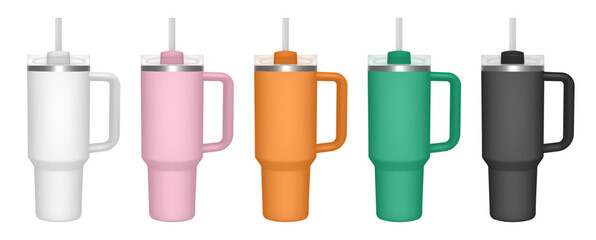 Thermo cup with handle and straw. 3d mockup of a travel thermos. Set of white, pink, orange, green and black mugs. Tumbler template. Transparent lid - obrazy, fototapety, plakaty