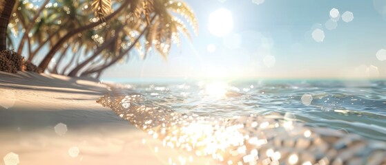 Sea panorama, tropical beach banner. view of a sandy beach with palm trees and ocean - obrazy, fototapety, plakaty