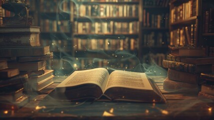 Open magic book with magic light on vintage background. open book on the background of an old library. - obrazy, fototapety, plakaty