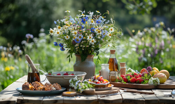 Rustic Outdoor Table Setting with Wildflower Bouquet

