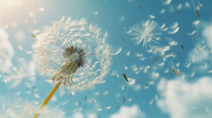 Beautiful dandelion and flying seeds against blue sky on sunny day