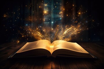 Open magic book with magic light on vintage background. open book on the background of an old library.