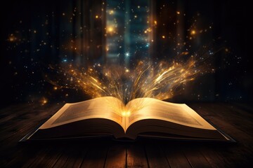 Open magic book with magic light on vintage background. open book on the background of an old...