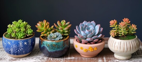 Multiple small succulent plants are arranged in ceramic pots, adding a decorative touch to the interior space. The green and colorful plants create a visually appealing display.