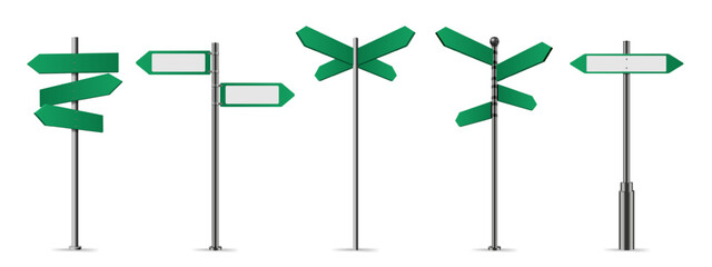 Green street signs. Directional pole with wayfinding arrows, finger post sign isolated realistic vector illustration set - obrazy, fototapety, plakaty