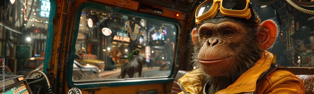 Poster a monkey taxi driver using advanced technology in a 3d environment
