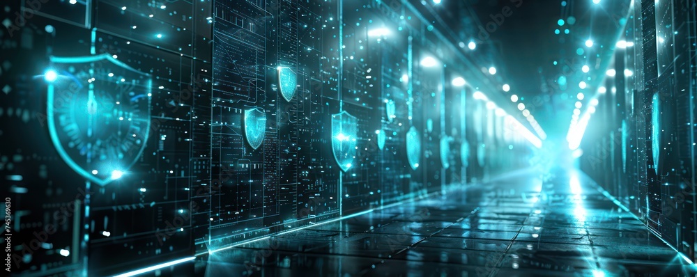 Poster a modern depiction of data protection with virtual shields and firewalls guarding sensitive informat