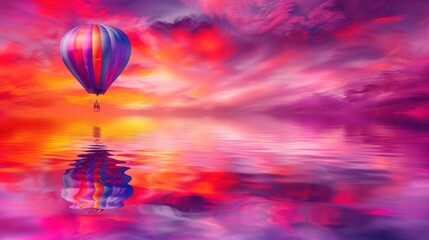 Obraz premium a painting of a hot air balloon flying over a body of water with a colorful sky and clouds in the background.