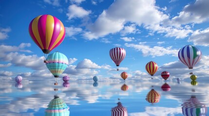 Obraz premium a group of hot air balloons floating in the sky above a body of water under a cloudy blue sky with white puffy clouds.