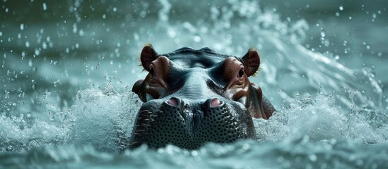 A powerful hippopotamus showcasing its swimming skills in a body of water, displaying grace and strength as it moves through the water effortlessly.