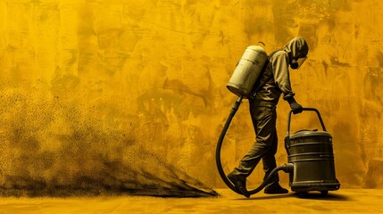 A lone worker in a protective suit is spraying against a stark yellow background depicting safety and sanitation - obrazy, fototapety, plakaty