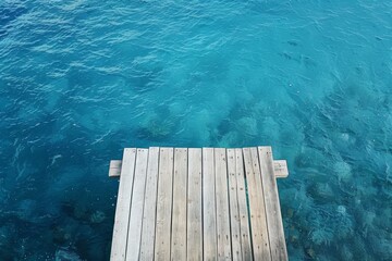 Lonely Pier Over Serene Sea - A solitary wooden pier reaches out into the calm expanse of a deeply blue, serene sea.